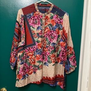 Johnny Was Floral Patchwork Blouse - Red, Blue, Cream